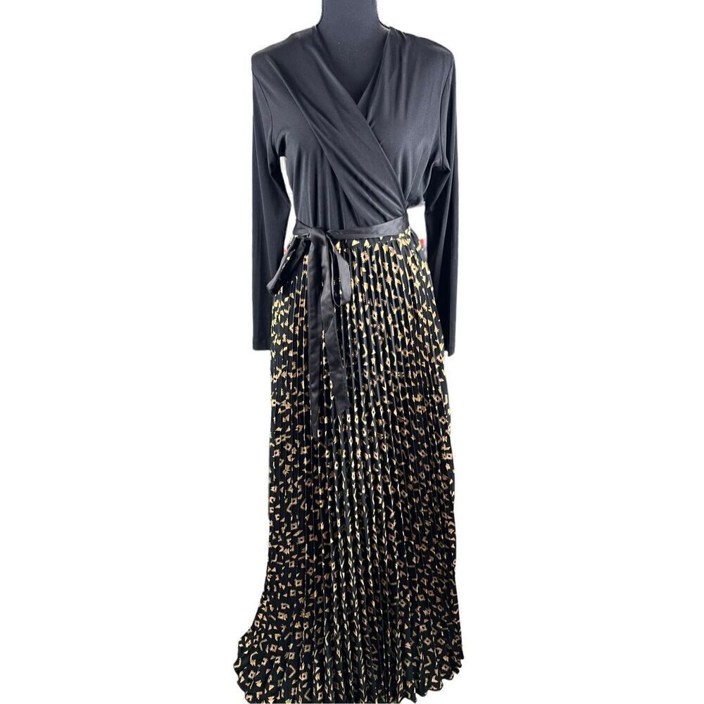 Lularoe Deanne Elegant Wrap Gold & Black Belted Maxi Cocktail Dress Size Medium